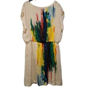 ECI Sleeveless Mini Dress Womens 14 Rainbow Abstract Print Silk Stretch Satin